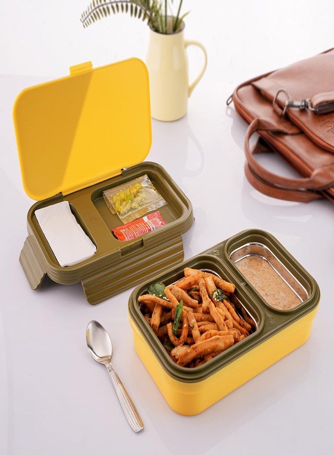 نابيا علبة غداء مدرسية من الفولاذ المقاوم للصدأ من نابيا، ذات قسمين، مانعة للتسرب وخالية من مادة BPA، مع ملعقة فولاذية، (أصفر) - Image 4